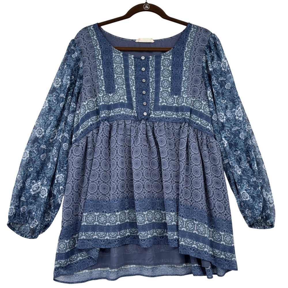 Lucky Brand Tunic Top Women XL Blue Mixed Print Boho Long Sleeve Henley Lined